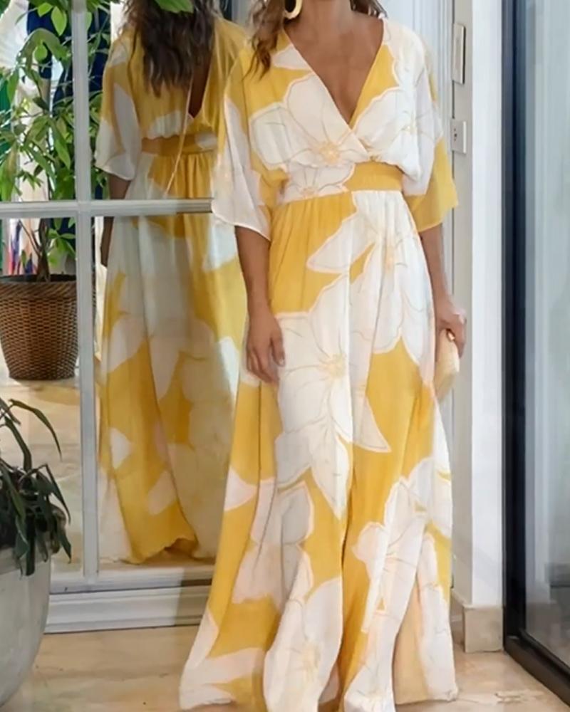 Floral Midi Dress with Tiered Skirt and V-Neckline