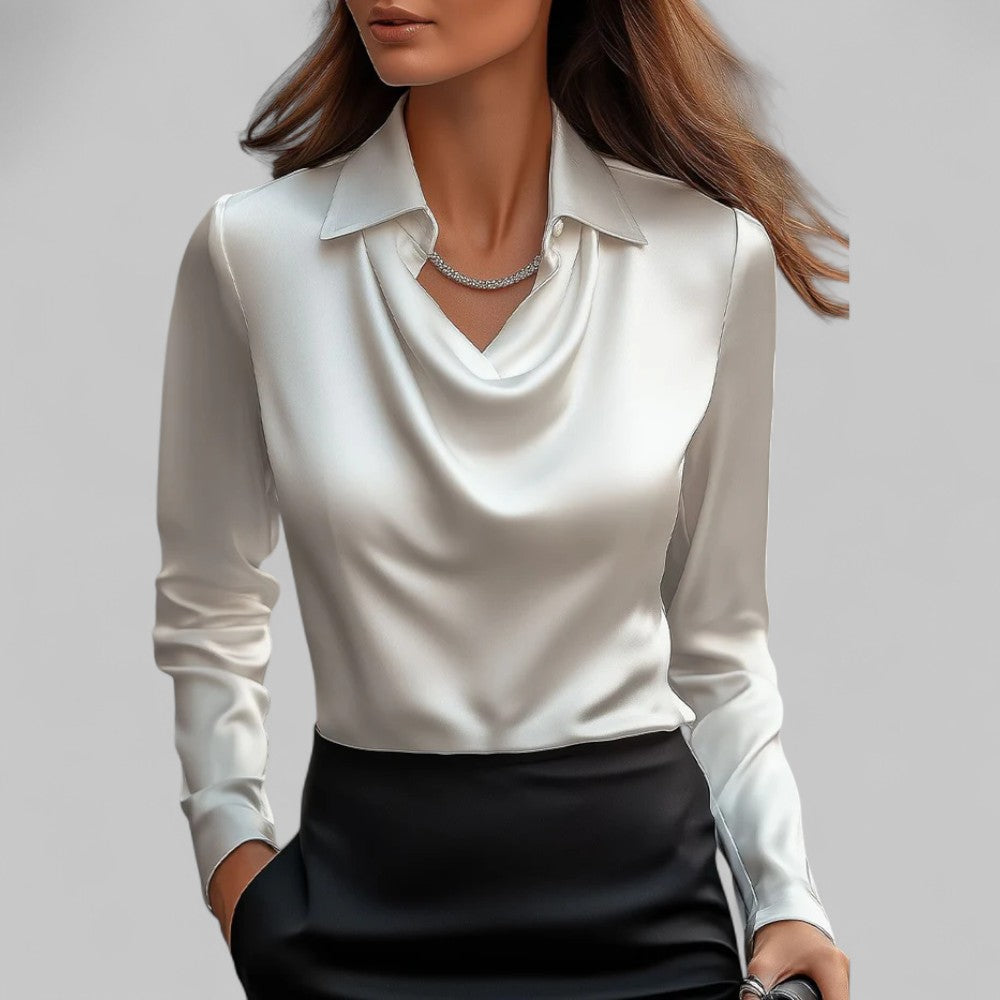 Satin Blouse for Women - Waterfall Neckline Long Sleeve Elegant Top