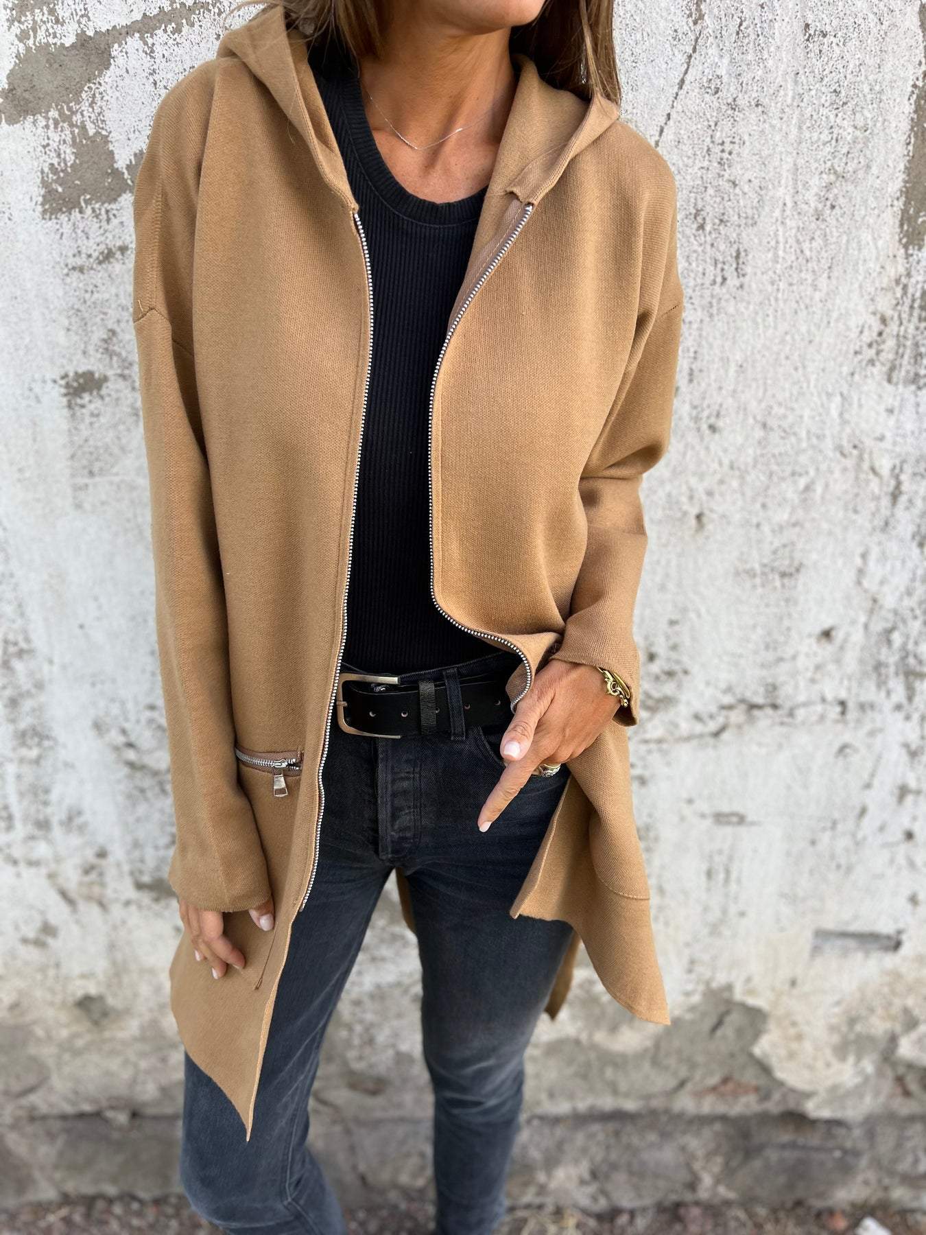 Long Hooded Cardigan With Full Length Zip