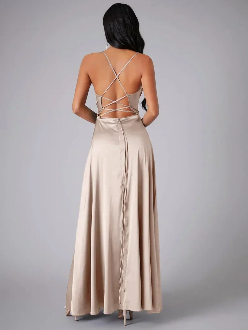 High Split Open Back Satin Evening Dress