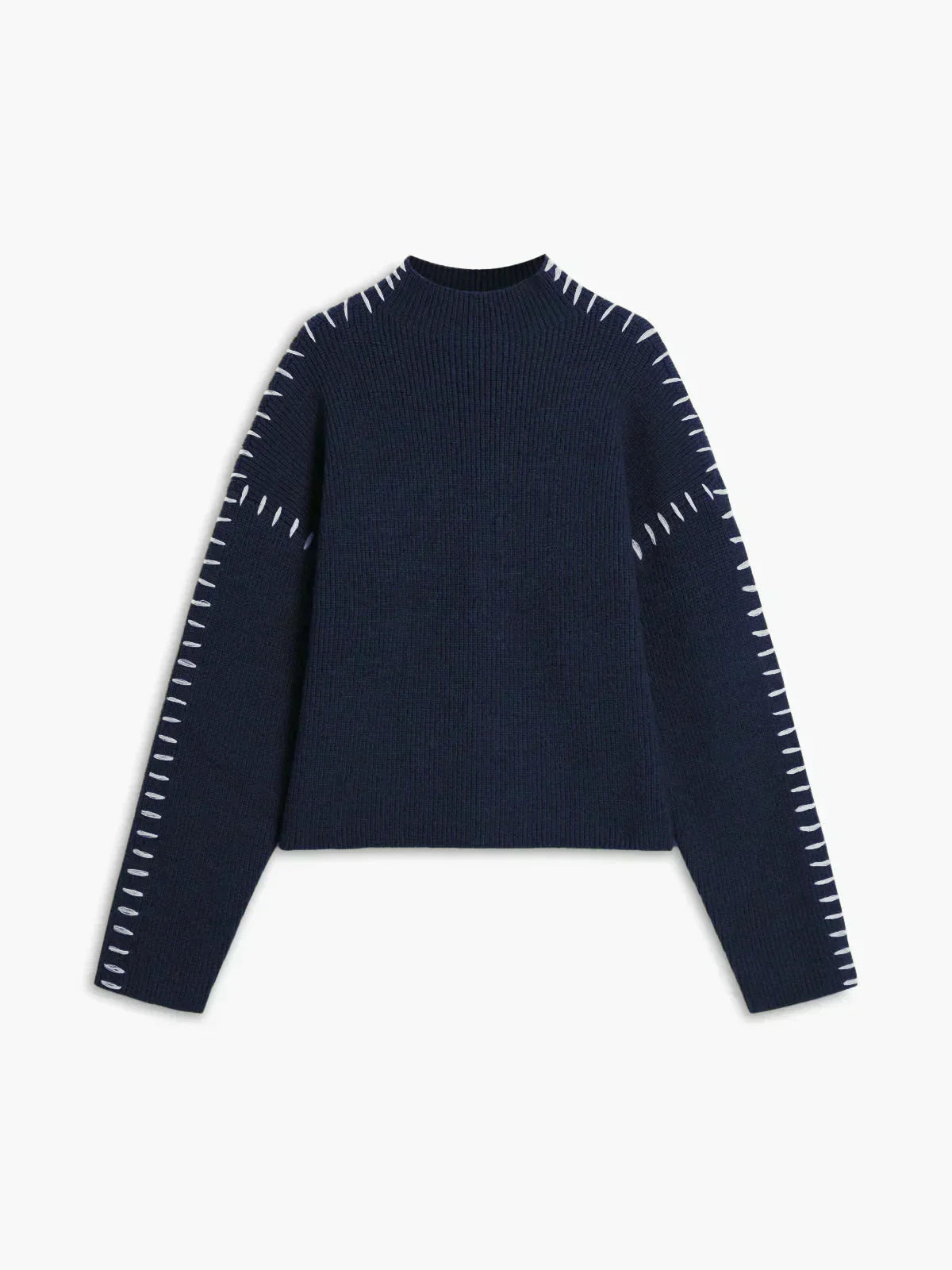 Oversized Mock Neck Sweater with Whipstitch Trim