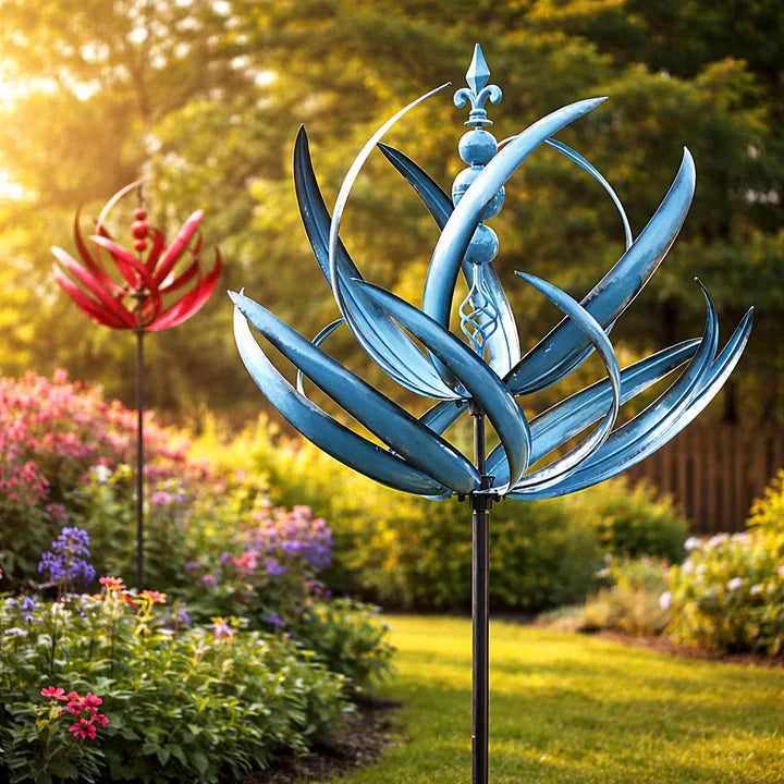 Lotus Wind Spinner Garden Stake — Weather-Resistant Metal
