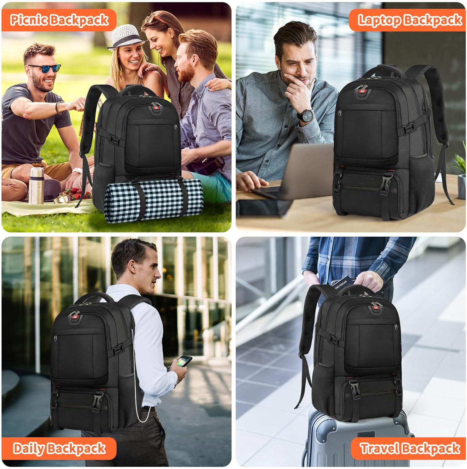 Extra-Large Travel Backpack with USB Port and Insulated Compartment