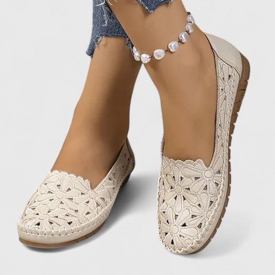 Perforated Floral Cutout Slip-On Ballet Flats