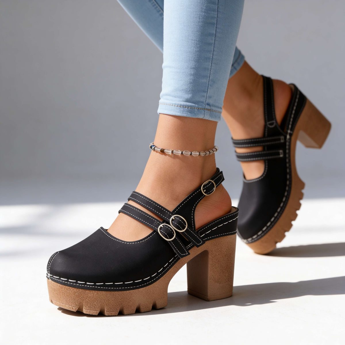 Triple Buckle Platform Slingback Heels