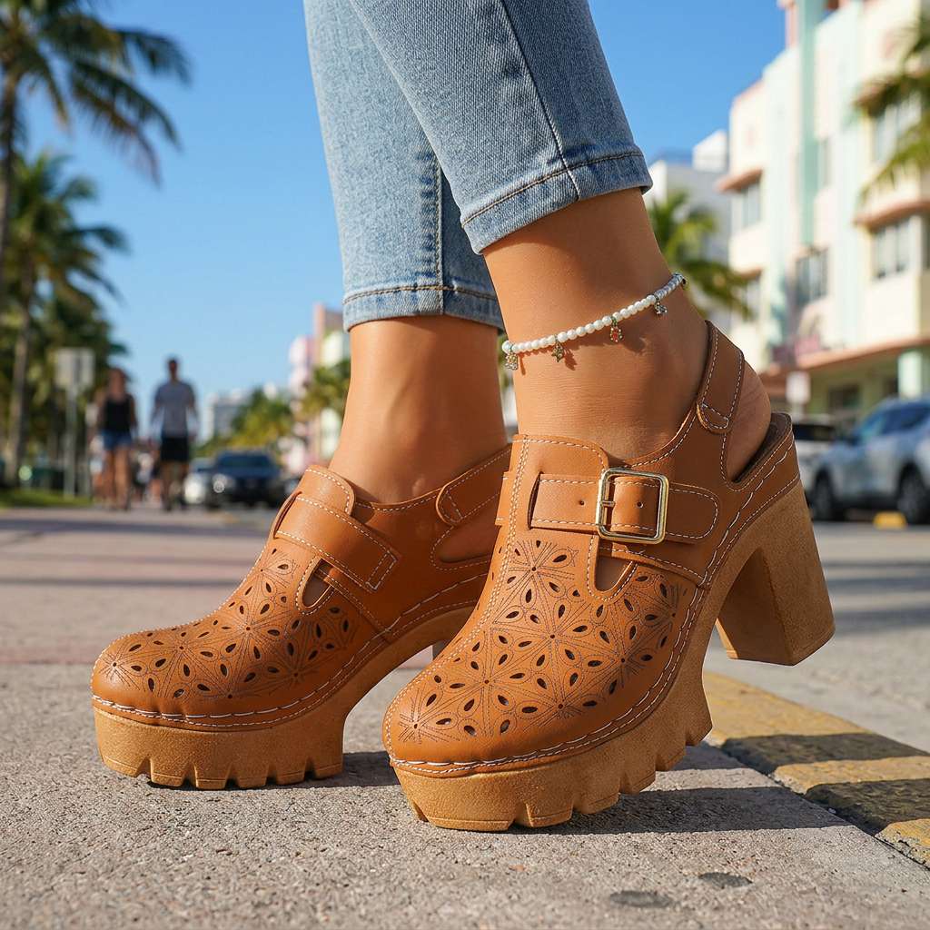 Platform Buckle Clogs with Floral Cutout
