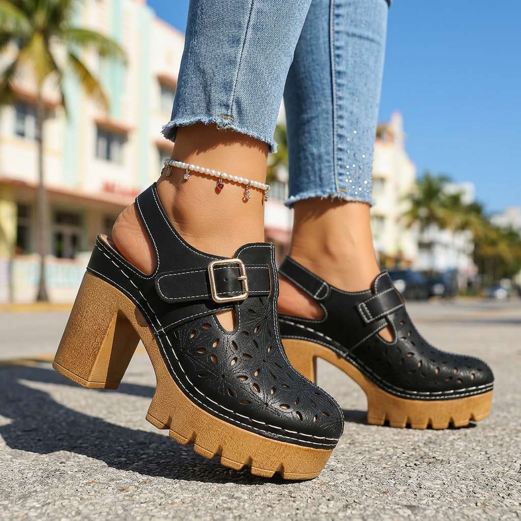 Platform Buckle Clogs with Floral Cutout