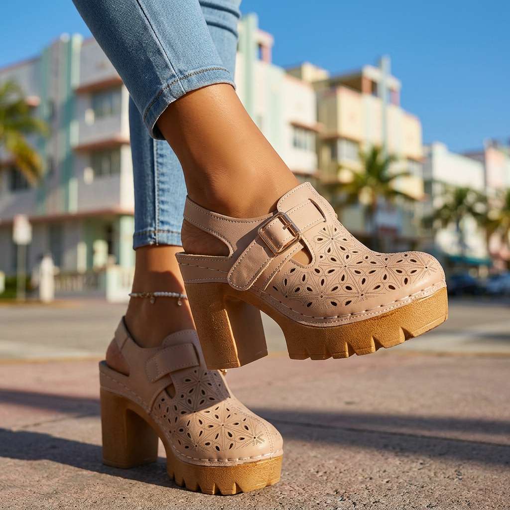 Platform Buckle Clogs with Floral Cutout