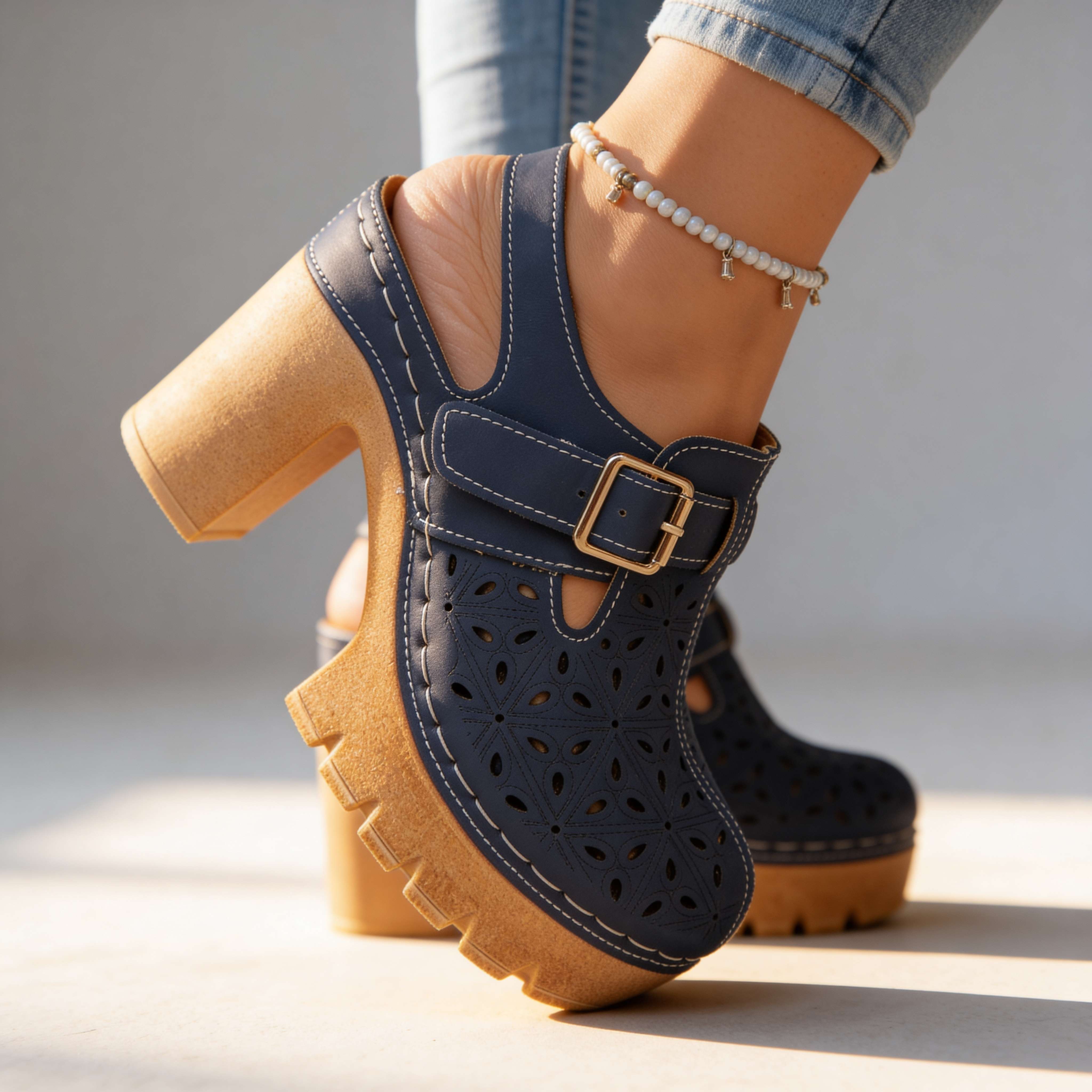 Platform Buckle Clogs with Floral Cutout