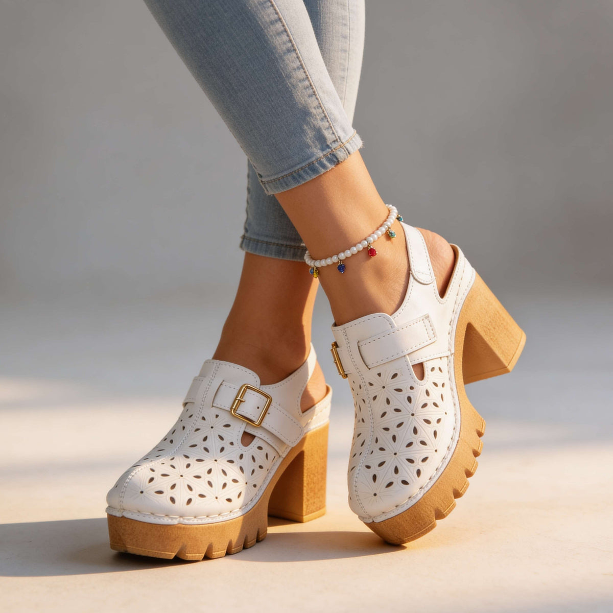 Platform Buckle Clogs with Floral Cutout