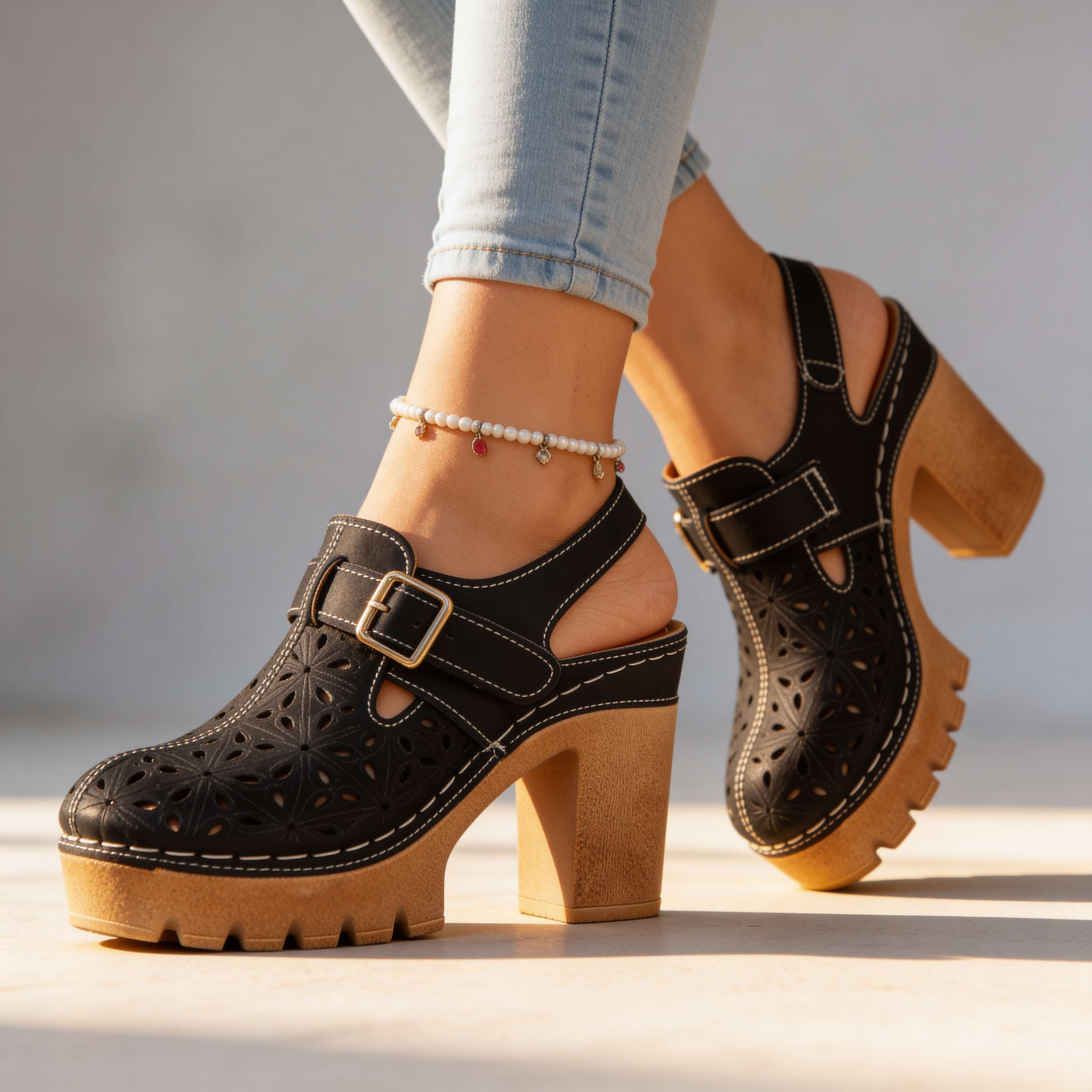Platform Buckle Clogs with Floral Cutout