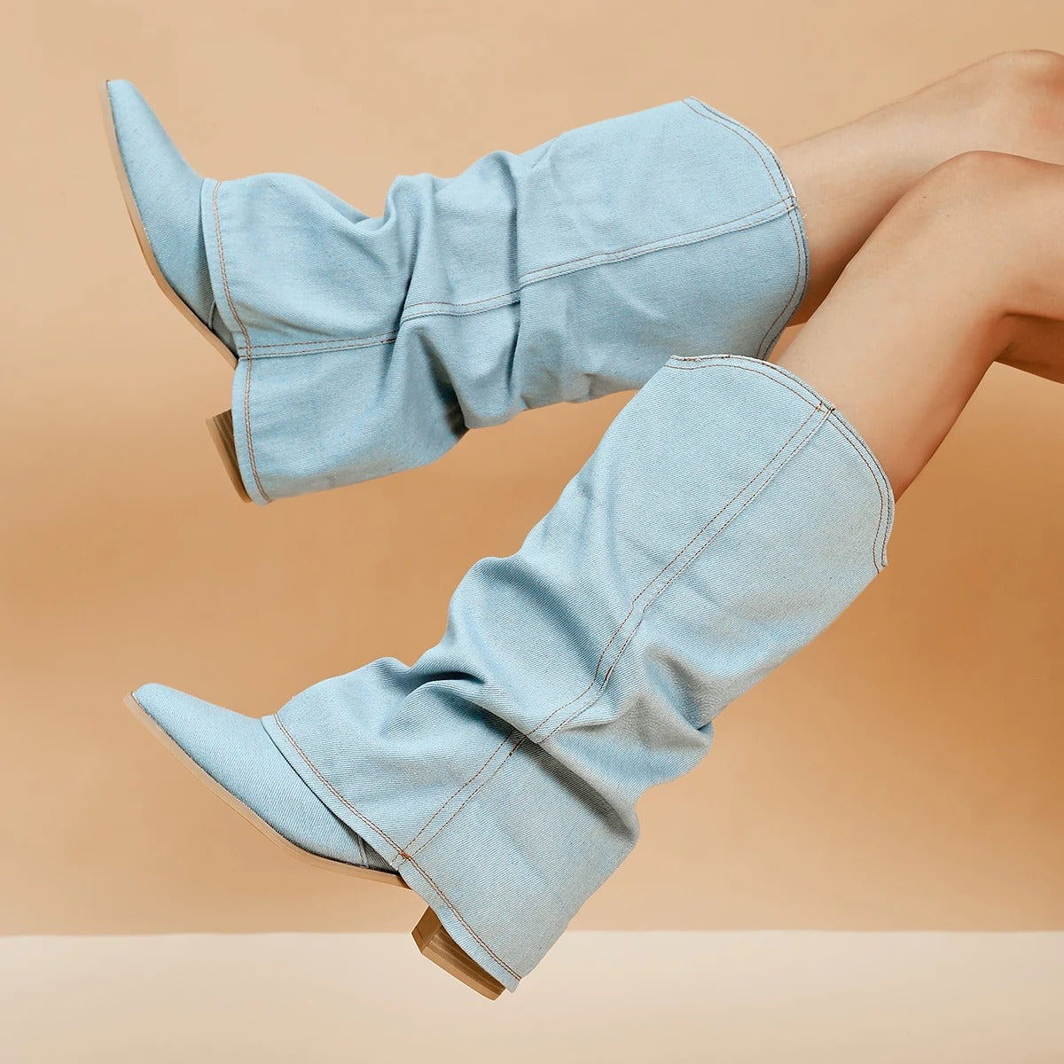 Pleated Pointed-Toe Tall Block Heel Boots