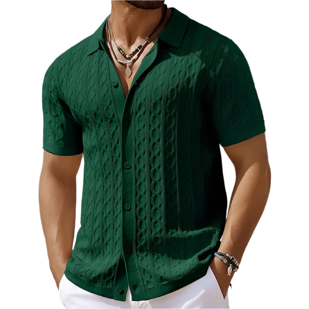 Men's Short Sleeve Textured Button-Down Polo Shirt