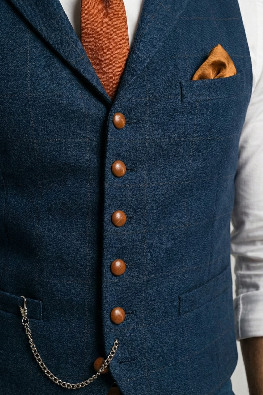 Windowpane Tweed V-Neck Waistcoat With Pockets