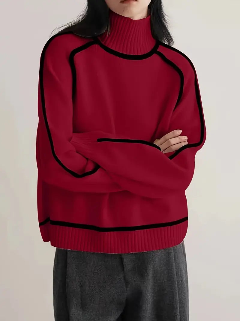 Turtleneck Sweater with Contrast Piping Trim