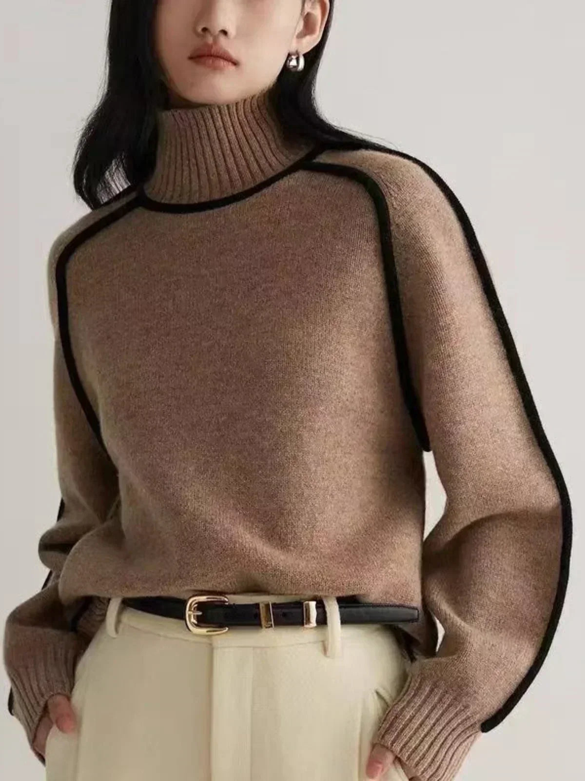 Turtleneck Sweater with Contrast Piping Trim