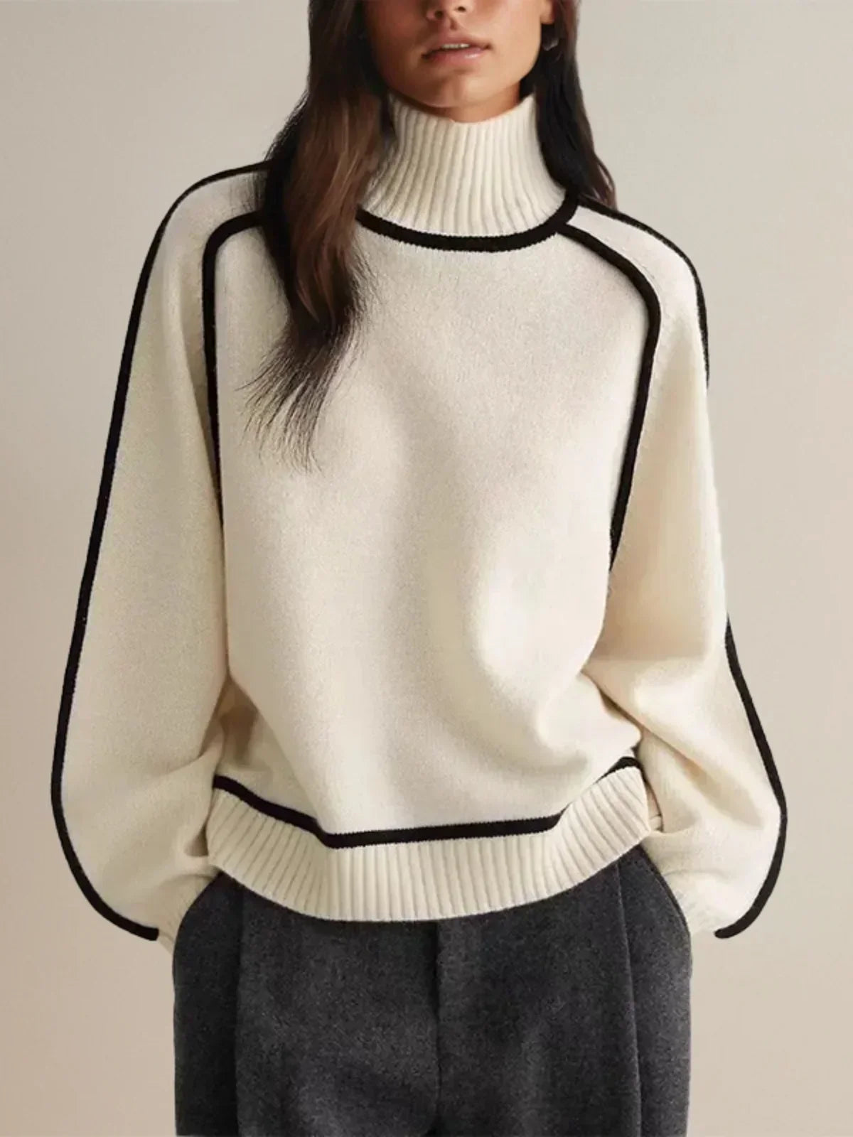 Turtleneck Sweater with Contrast Piping Trim