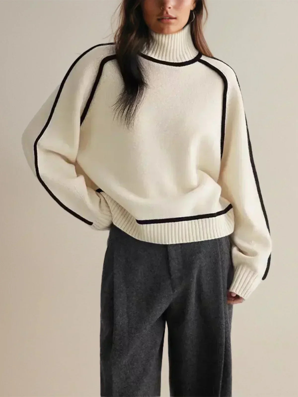 Turtleneck Sweater with Contrast Piping Trim