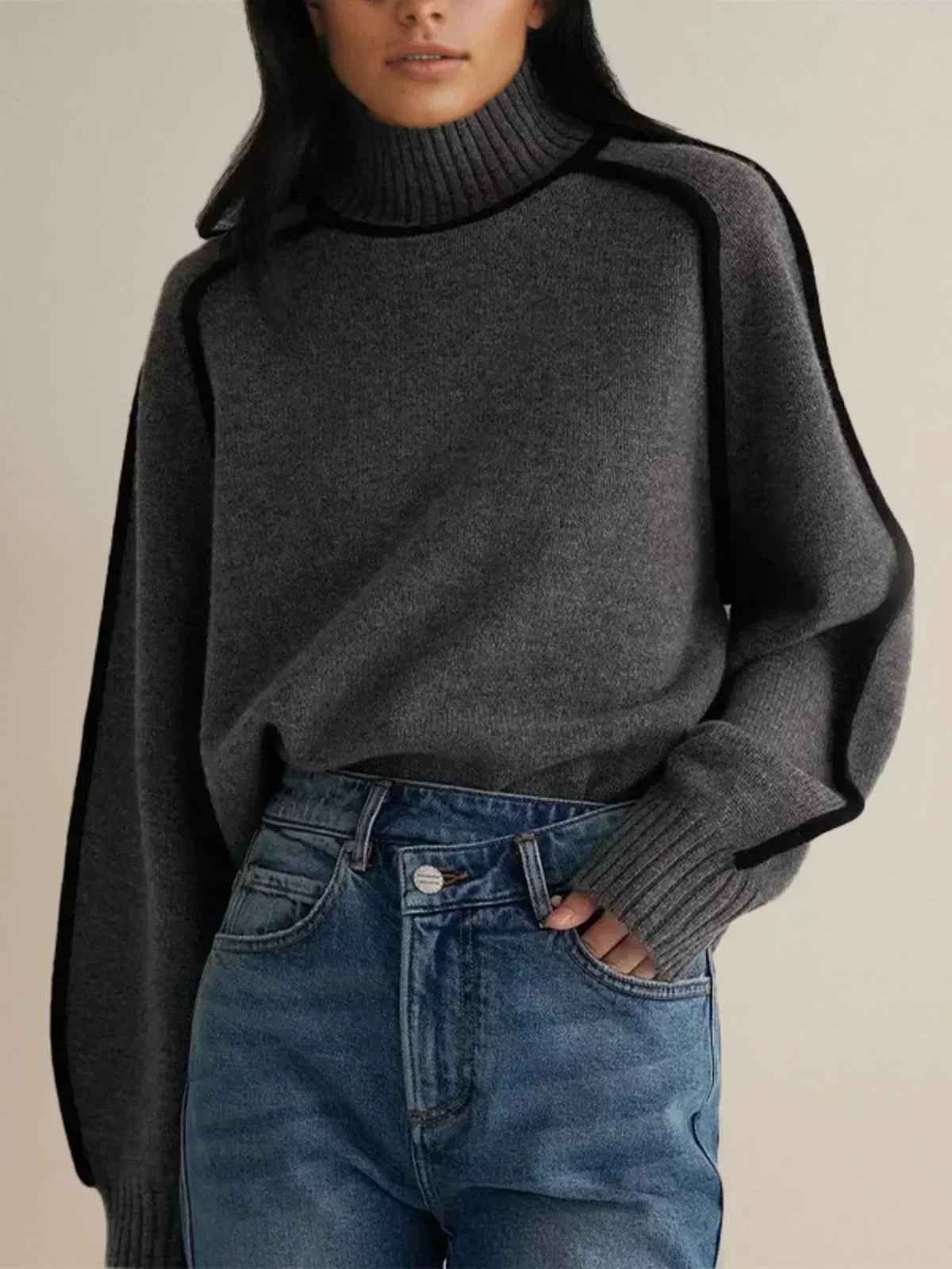 Turtleneck Sweater with Contrast Piping Trim