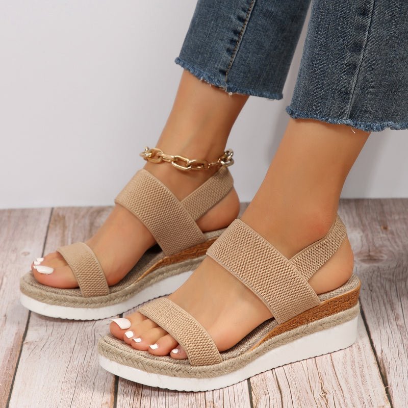 Elastic Strap Platform Sandals – Woven Upper – Ankle Chain Detail