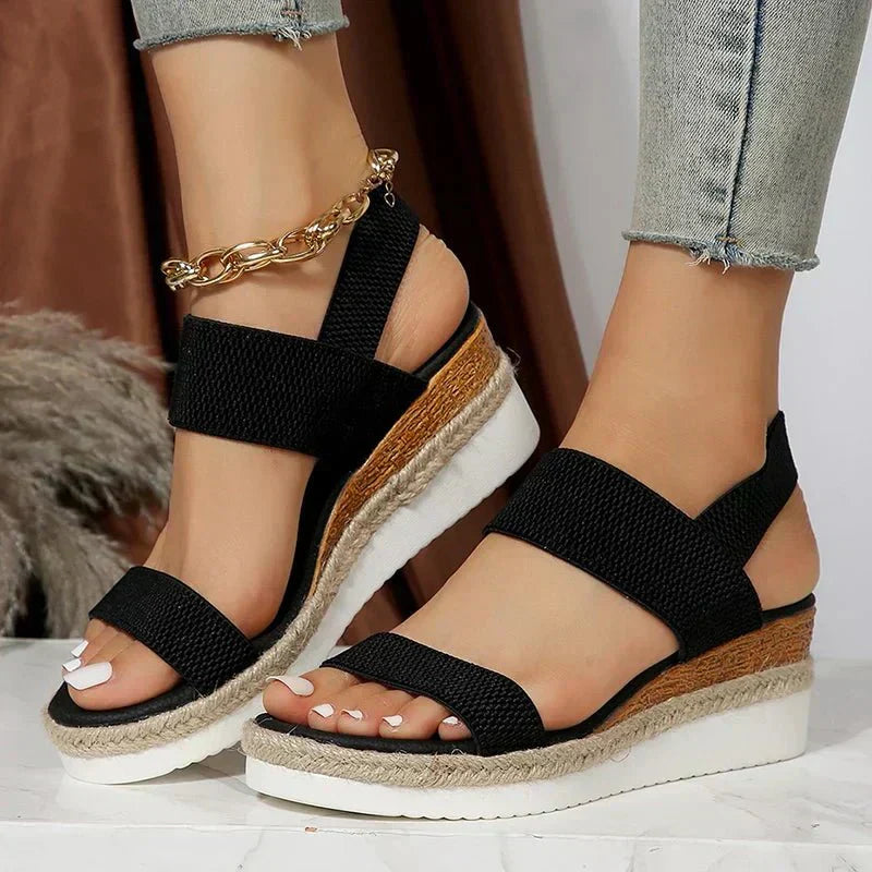 Elastic Strap Platform Sandals – Woven Upper – Ankle Chain Detail