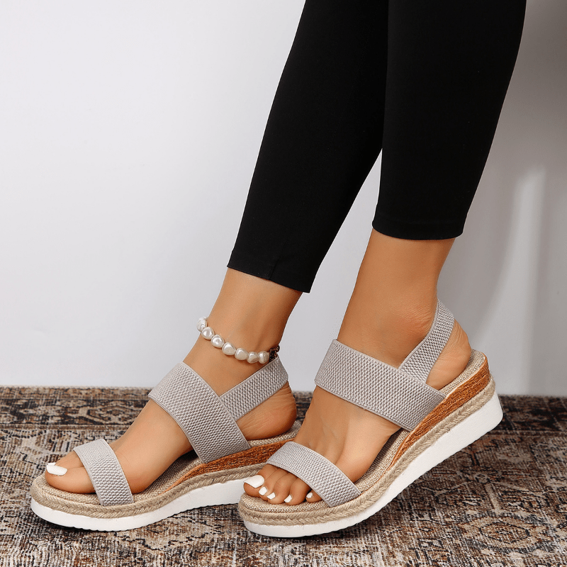 Elastic Strap Platform Sandals – Woven Upper – Ankle Chain Detail