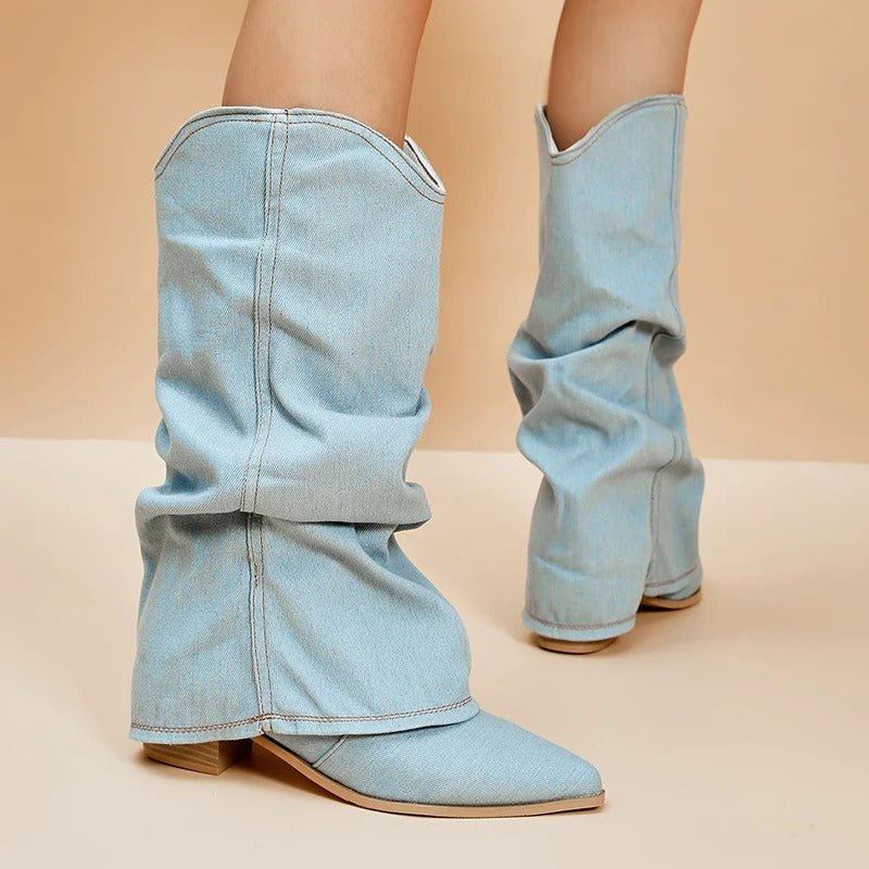 Denim Western Block Heel Ankle Boots