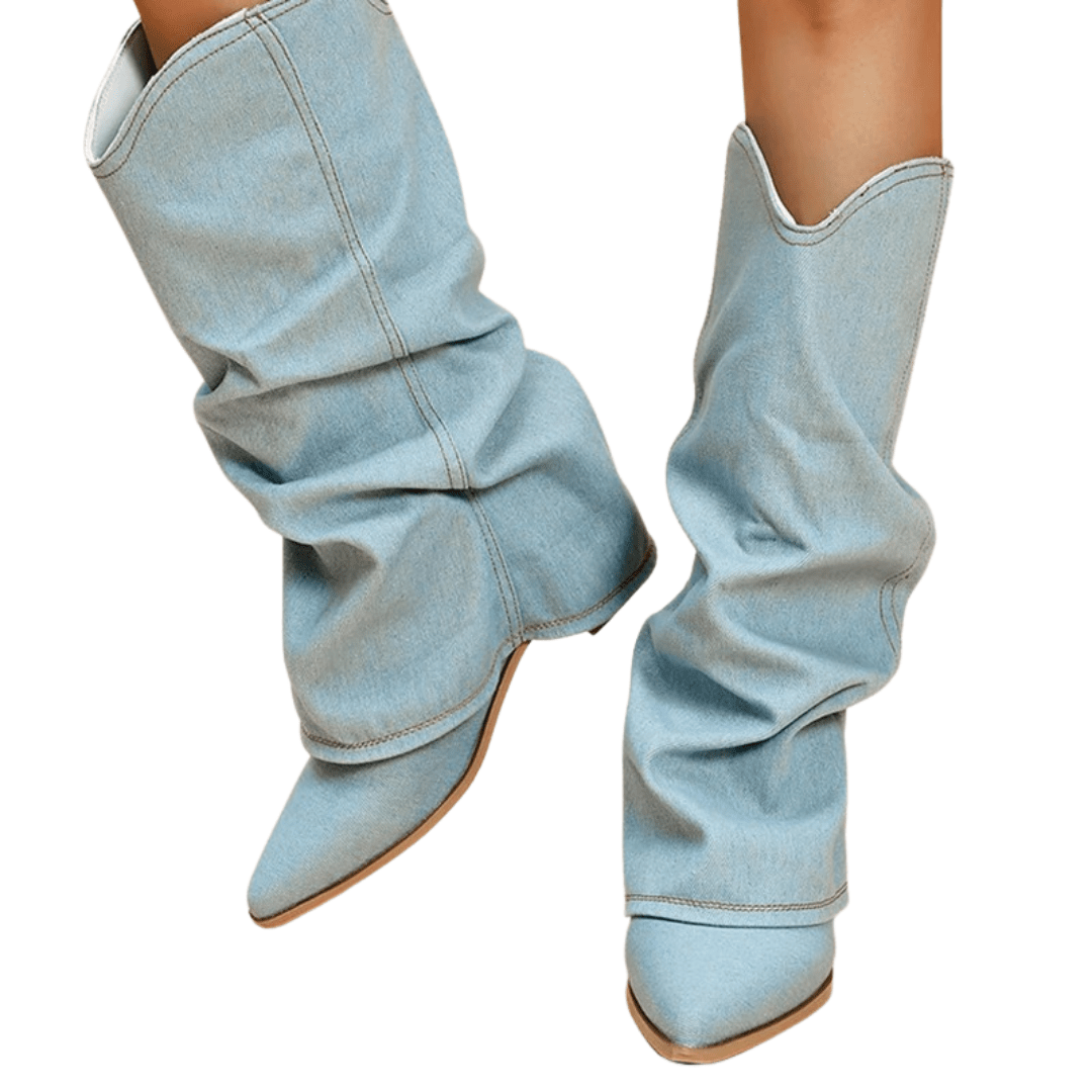 Denim Western Block Heel Ankle Boots