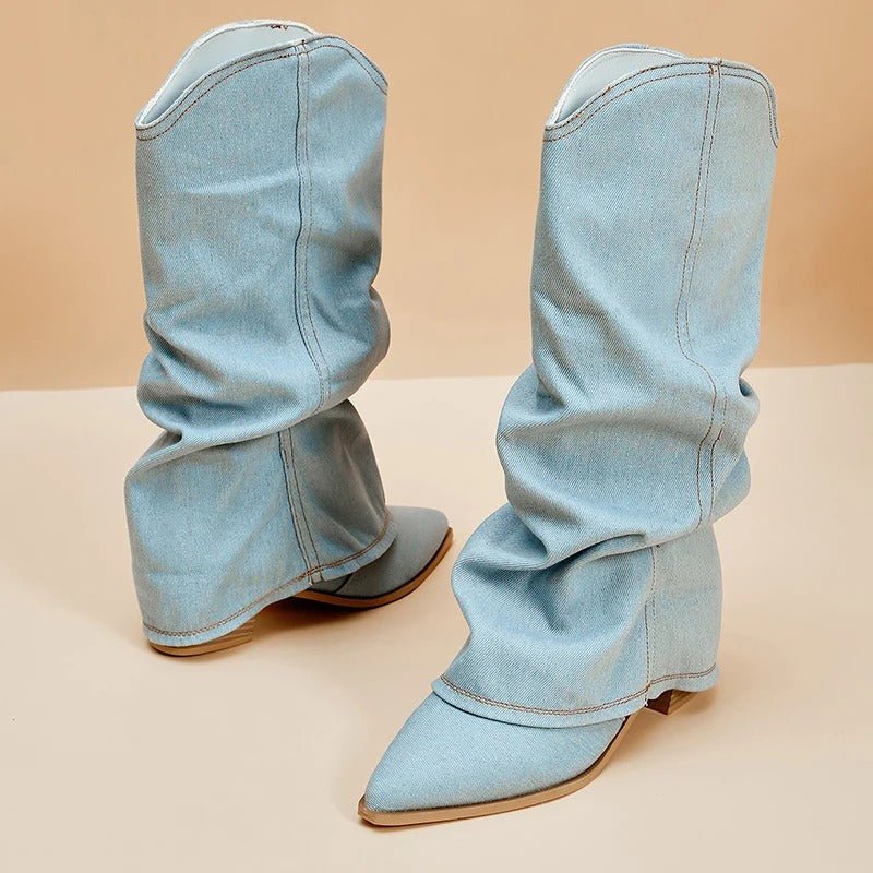 Denim Western Block Heel Ankle Boots