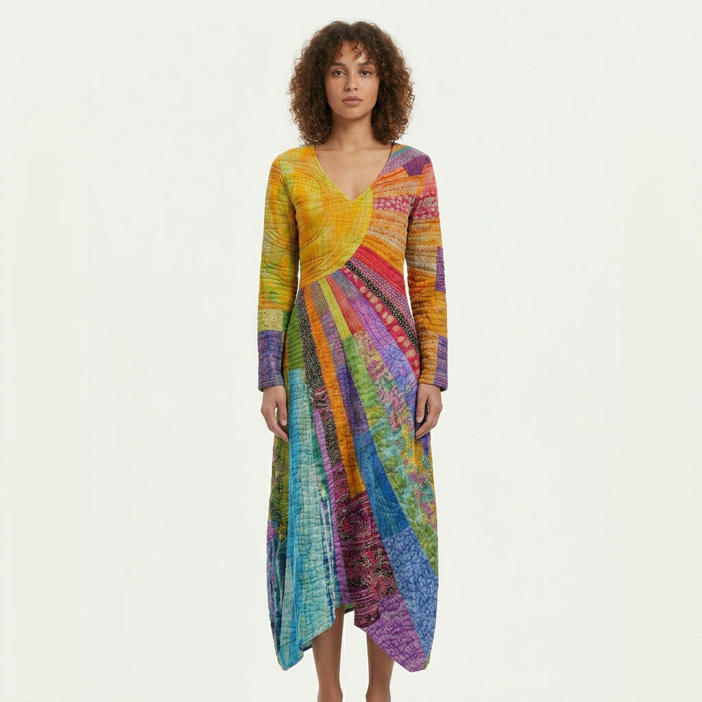 Boho V-Neck Sun Print Maxi Dress