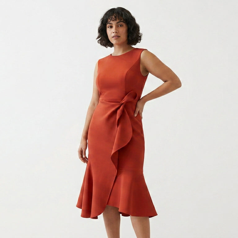 Asymmetric Draped Hem Sleeveless Midi Dress