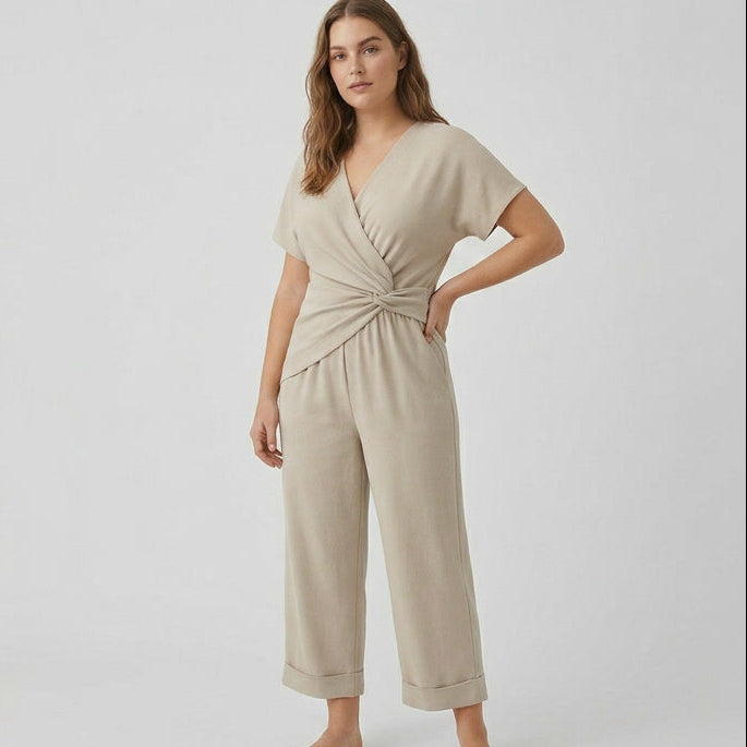 Wrap Front Top and Cropped Trouser Two Piece Set