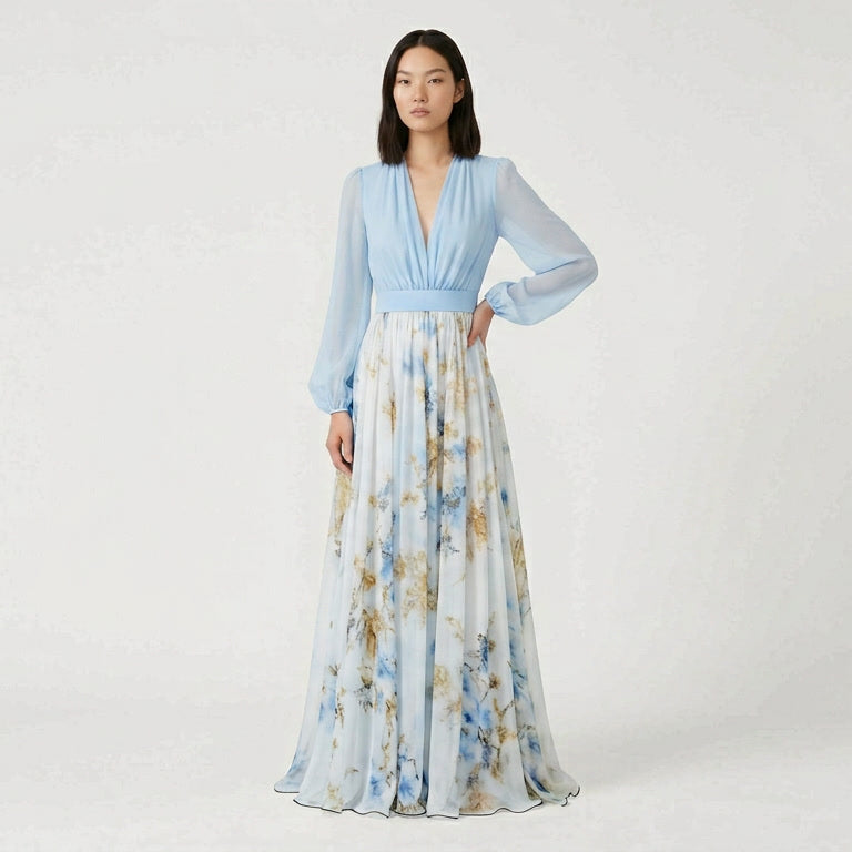 Floral V-Neck Fitted Bodice Maxi Dress