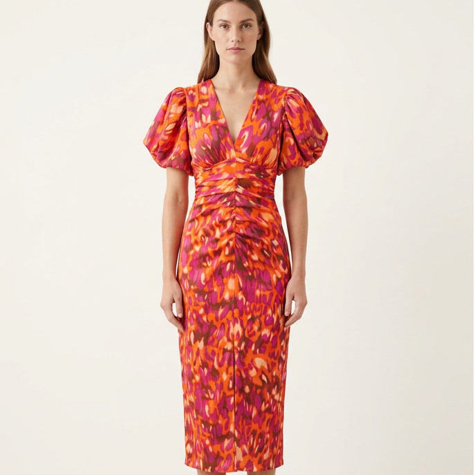 Puff Sleeve Wrap Front Evening Dress