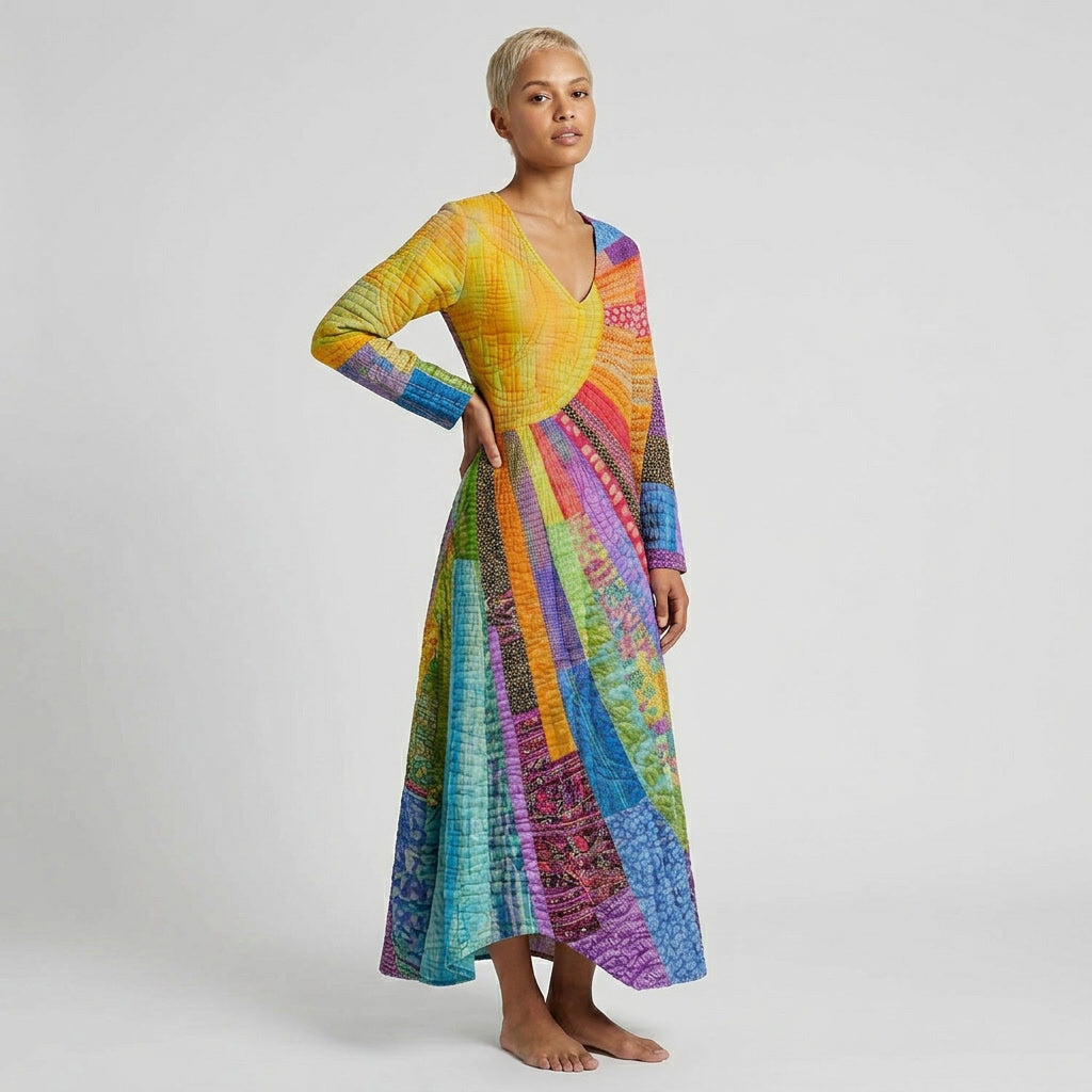 Boho V-Neck Sun Print Maxi Dress