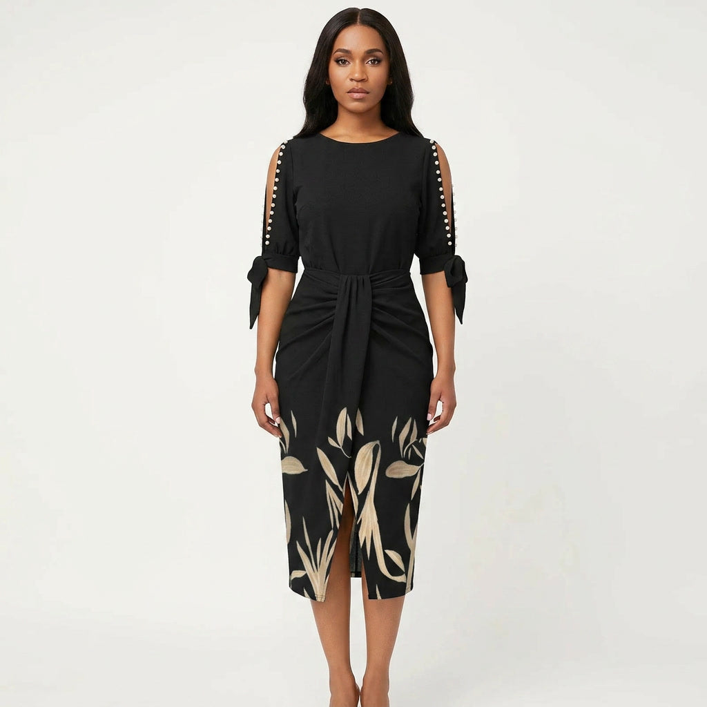 Midi Cocktail Dress With V-Neck and Lace Sleeves