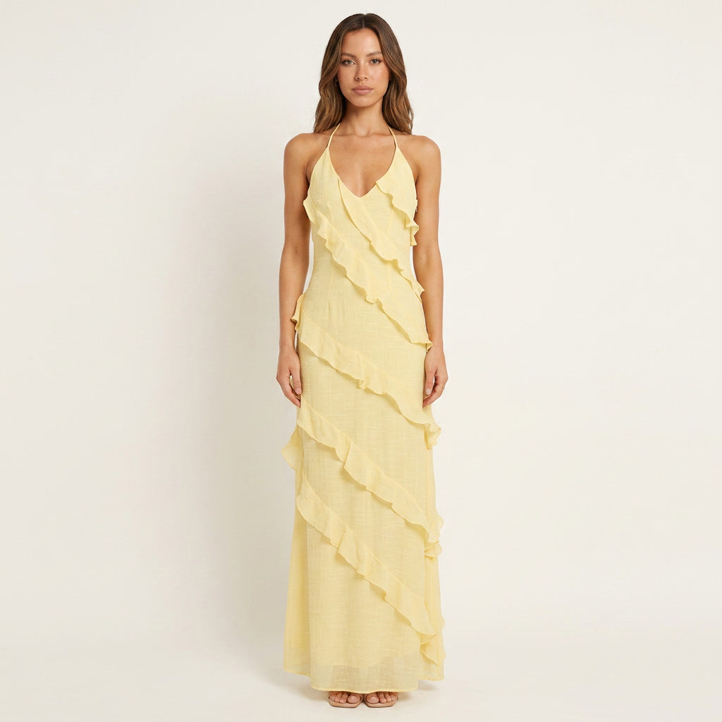 Halter Neck Tiered Ruffle Maxi Dress