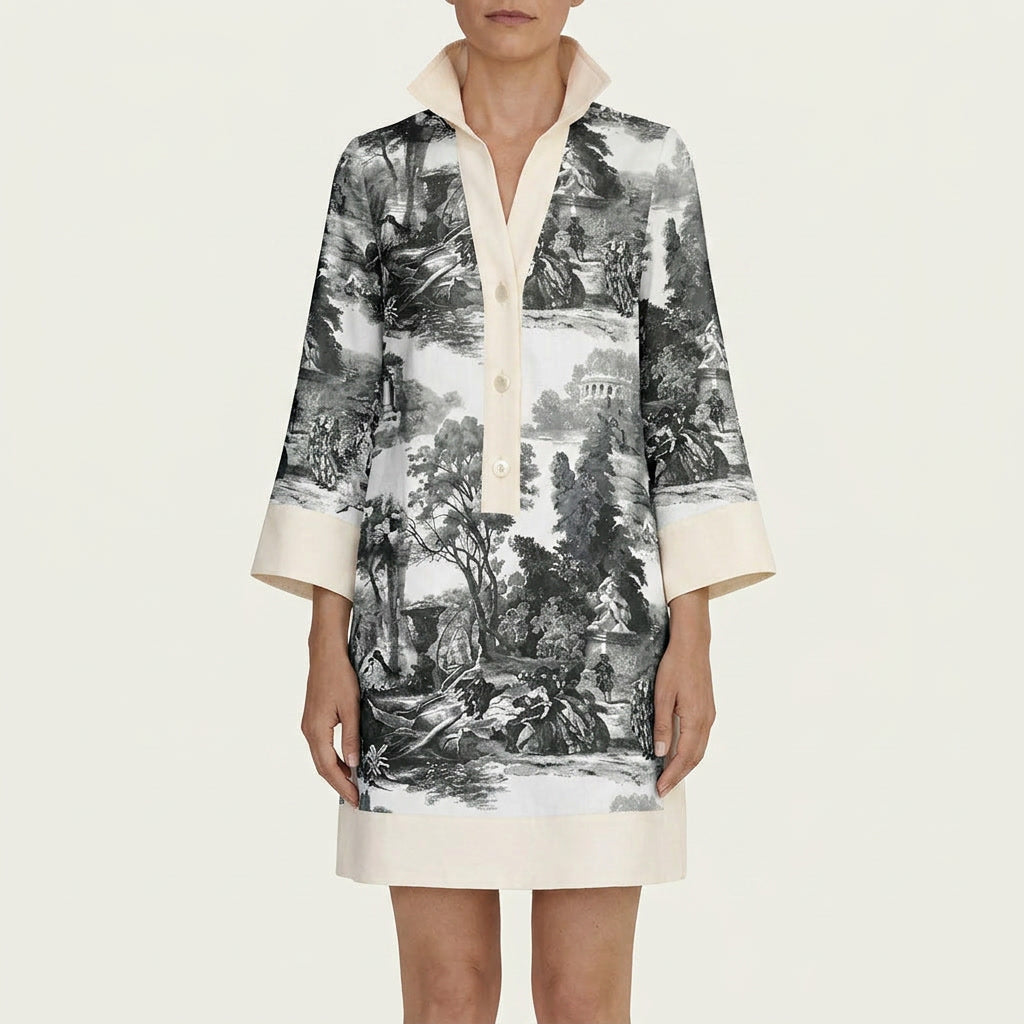 Women's Vintage Toile Print Mini Tunic Dress
