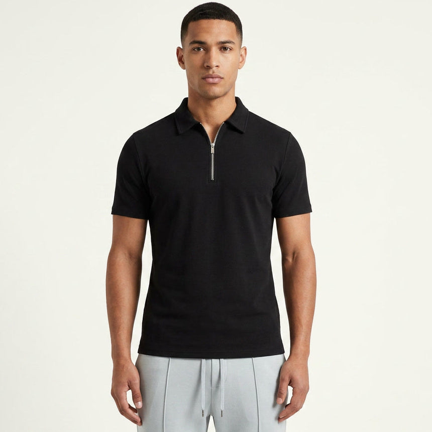 Men Slim Fit Short Sleeve Zip Collar Polo Shirt