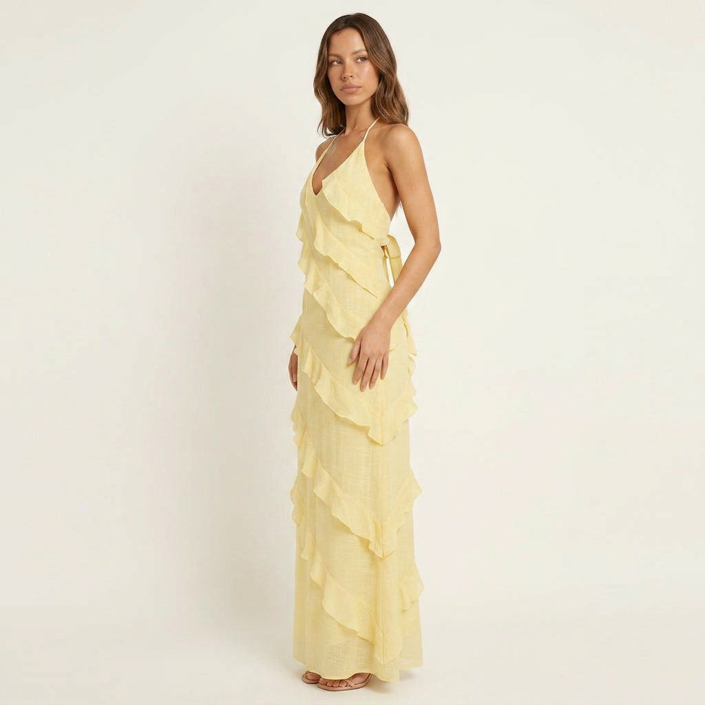 Halter Neck Tiered Ruffle Maxi Dress