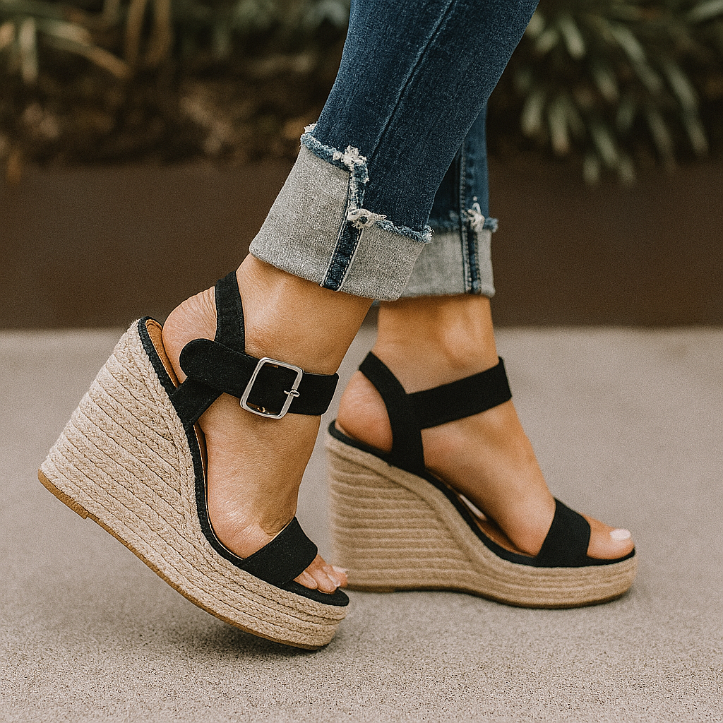 Espadrille Wedge Sandals – Wide Ankle Strap – Open Toe – Arch Support