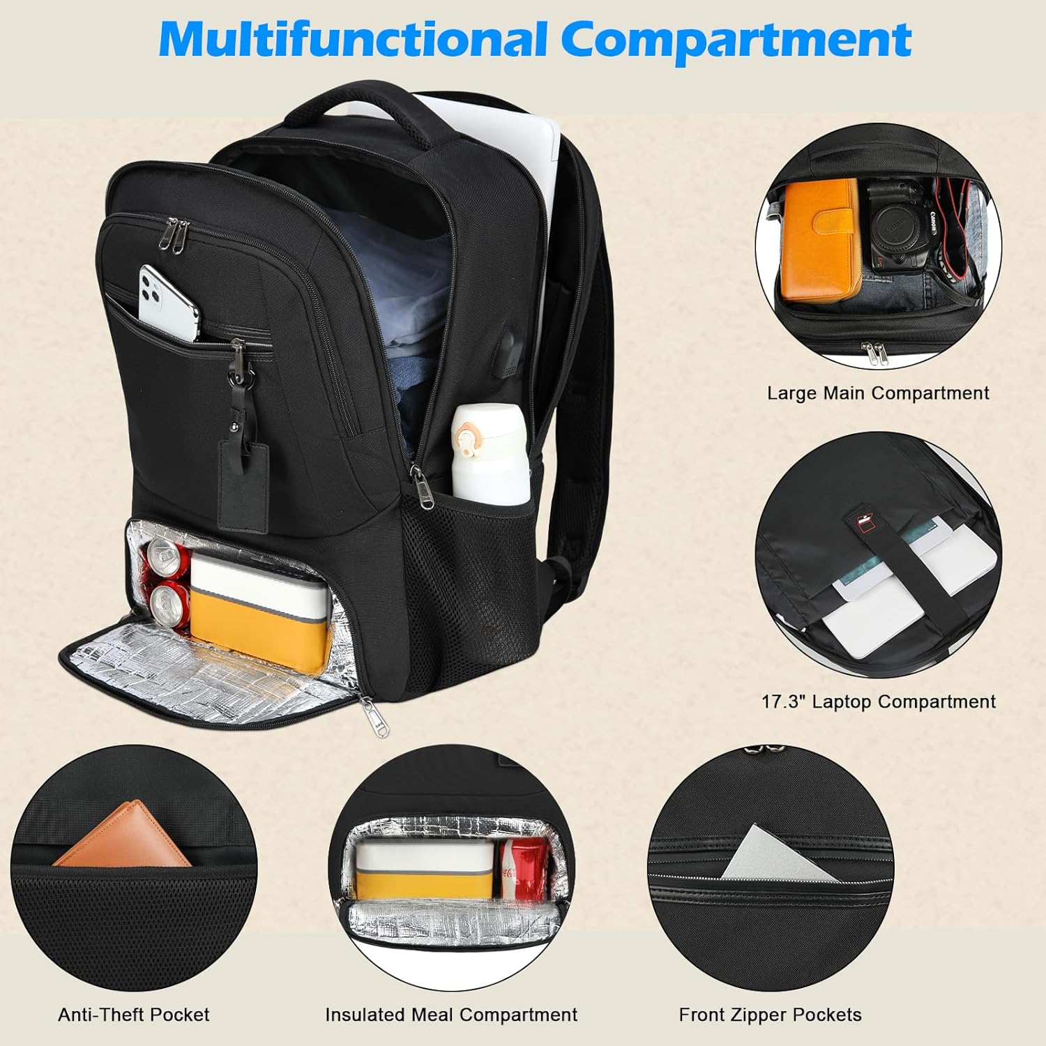 Waterproof USB Laptop Backpack With Lunch Compartment