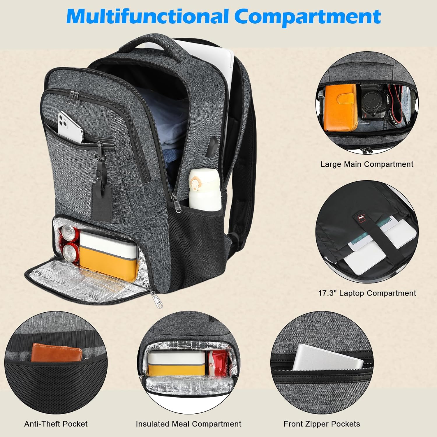 Waterproof USB Laptop Backpack With Lunch Compartment
