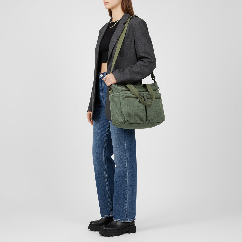 Structured Corduroy Zip Tote Bag