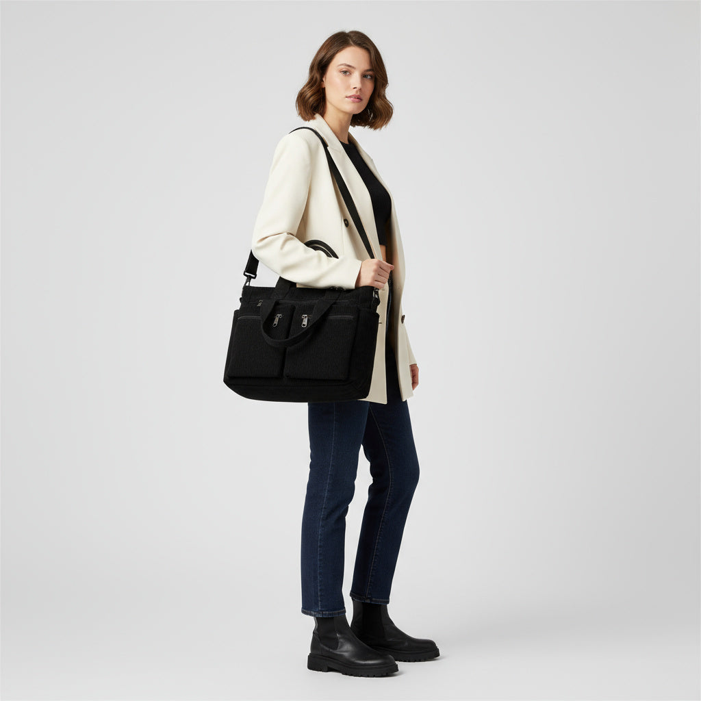 Structured Corduroy Zip Tote Bag