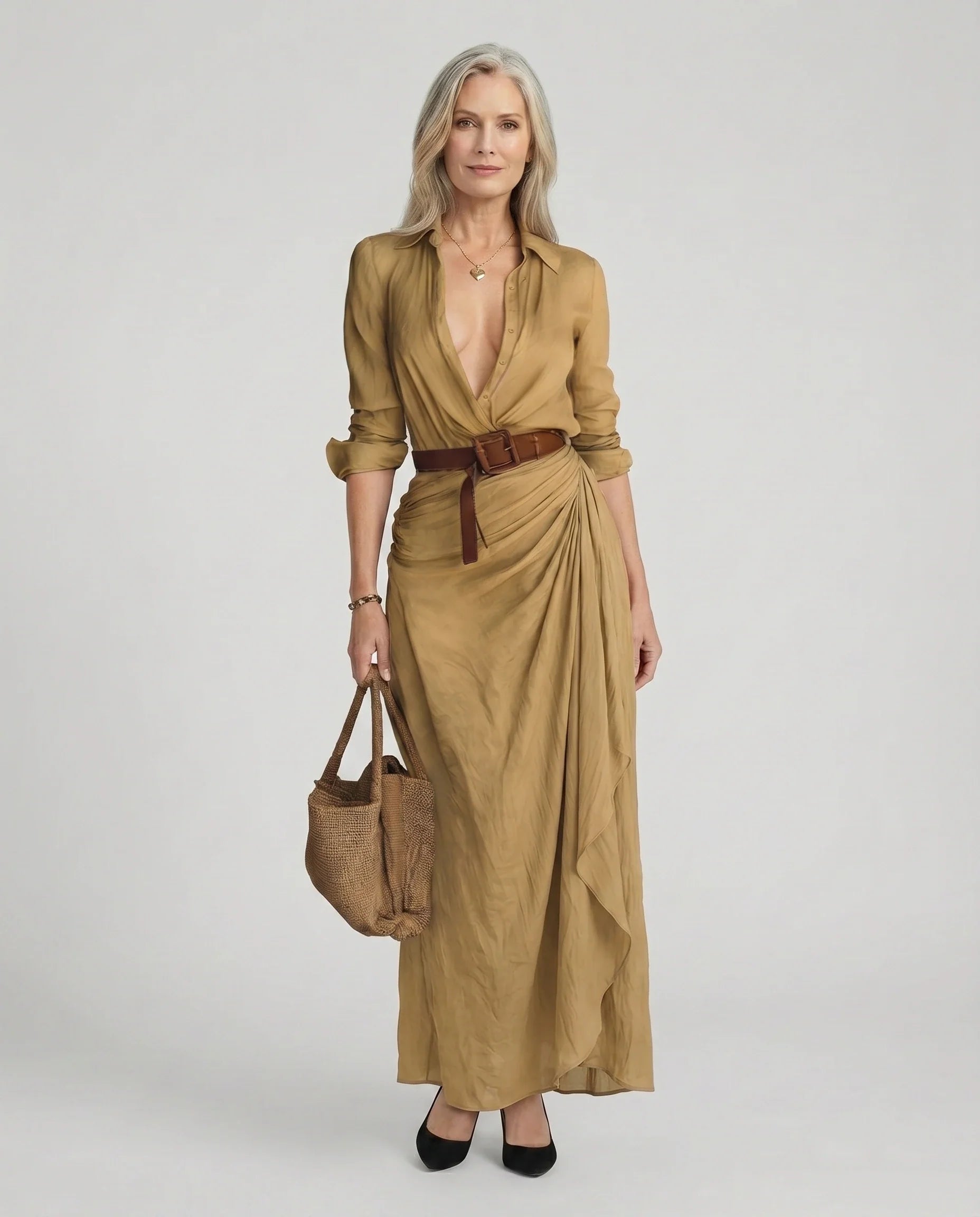 Belted Lapel Long Sleeve Maxi Shirt Dress