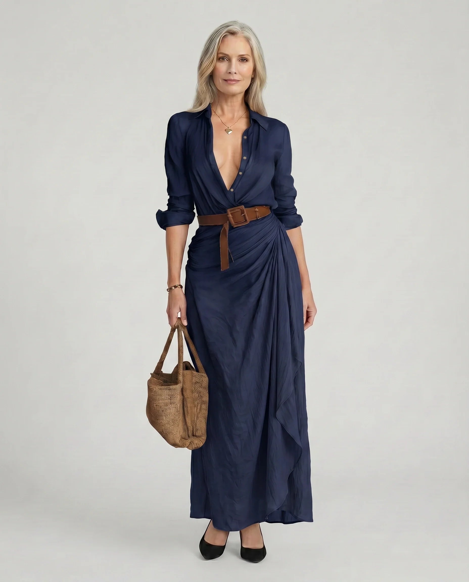 Belted Lapel Long Sleeve Maxi Shirt Dress