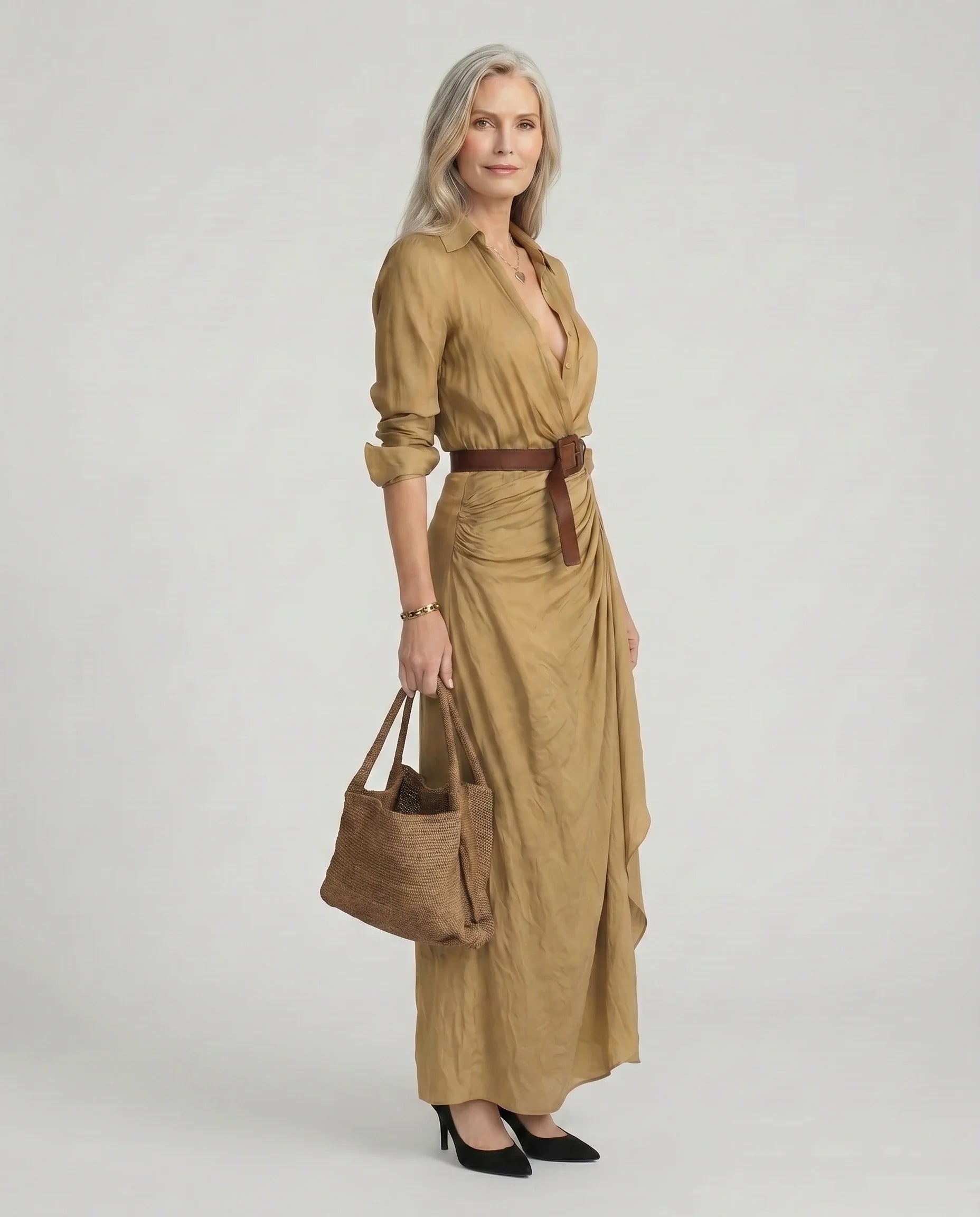 Belted Lapel Long Sleeve Maxi Shirt Dress