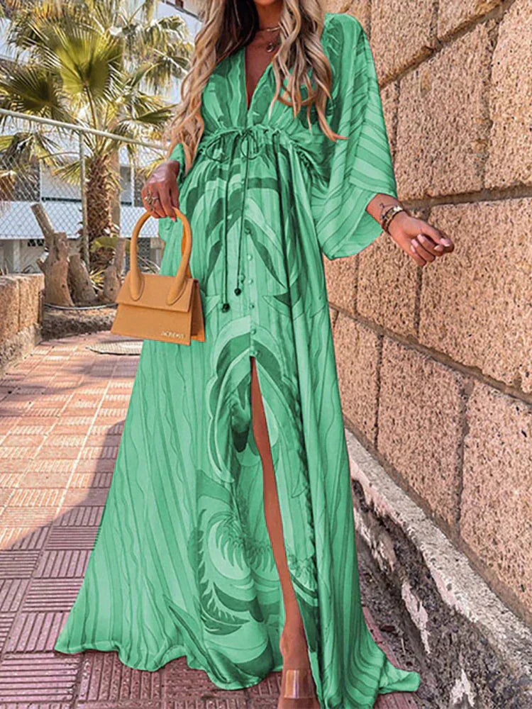 V-Neck Kimono Sleeve High Slit Maxi Dress