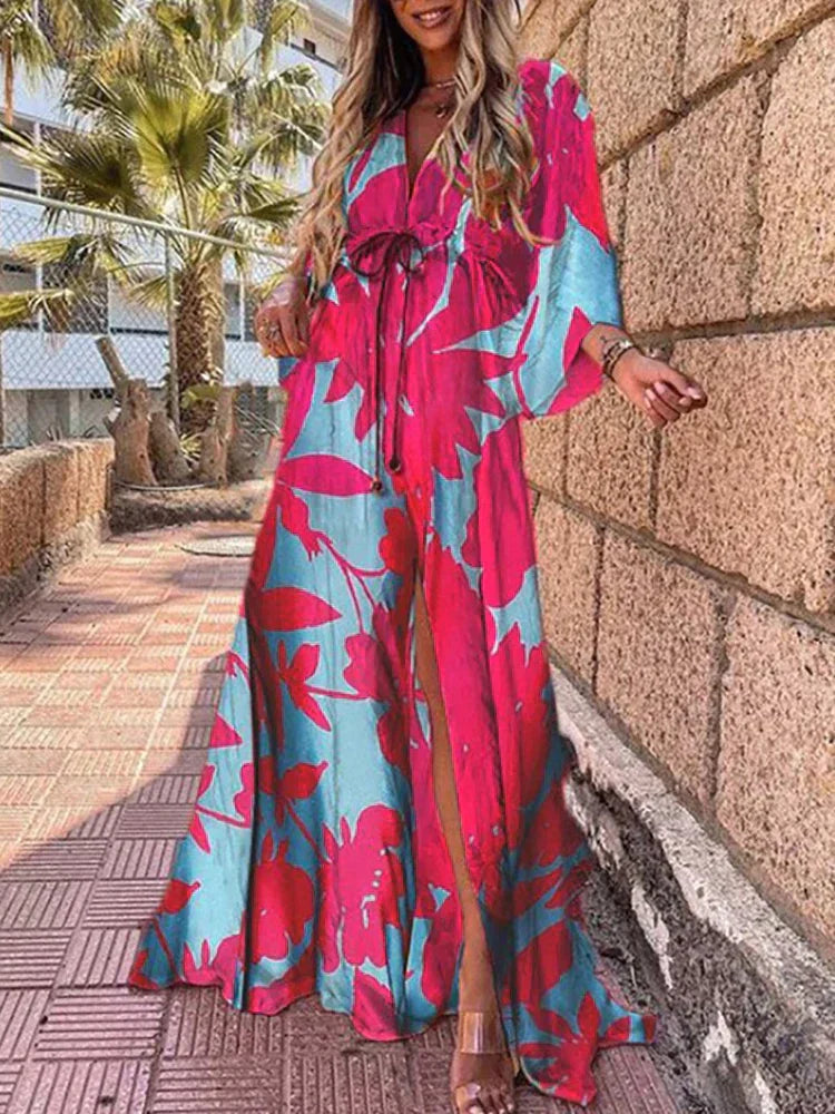 V-Neck Kimono Sleeve High Slit Maxi Dress
